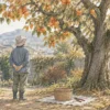 実を付けた成熟した柿の木を観察する様子