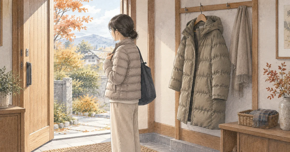 薄手と厚手のダウンを玄関で選ぶ様子