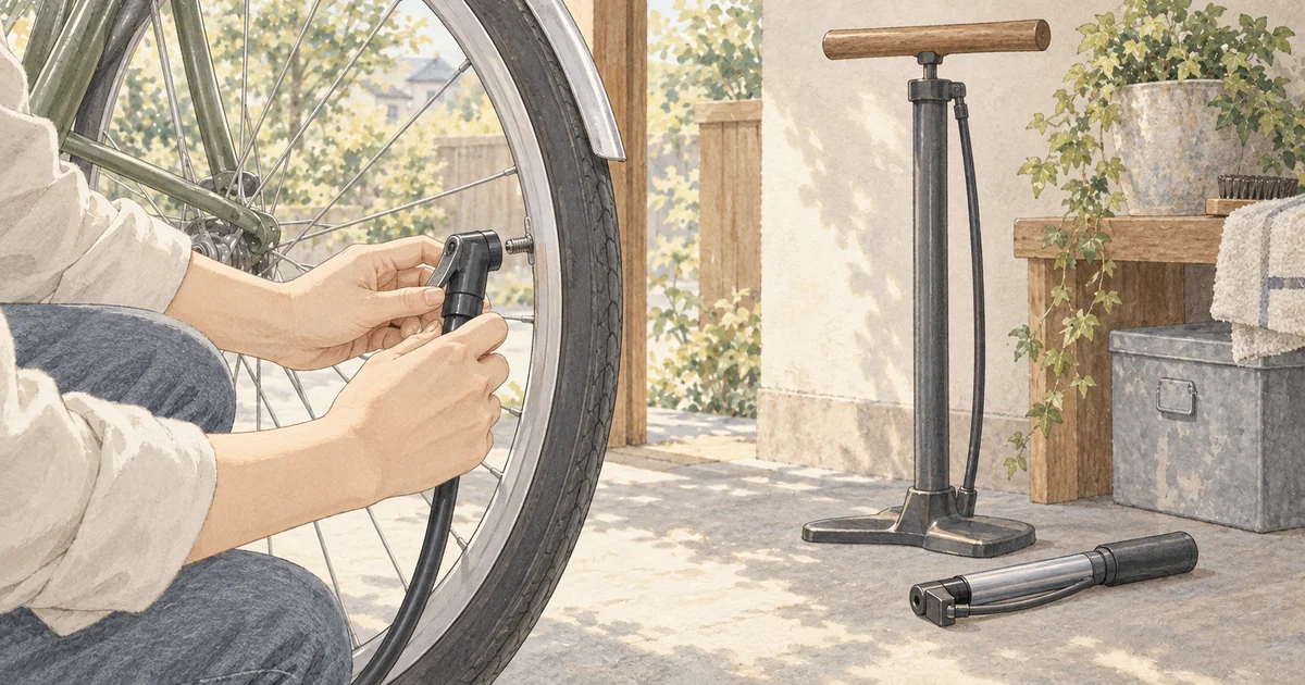 自転車の実物バルブへ空気入れの口金が合うか確かめる様子
