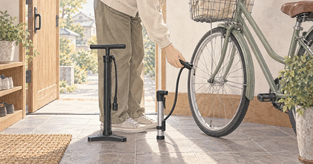 自転車のバルブと空気入れの口金を確認する様子
