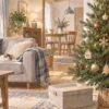 家庭のリビングでクリスマスツリーを飾る様子