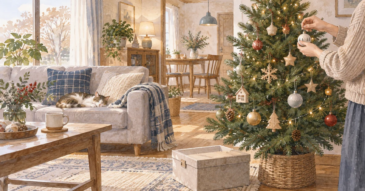 家庭のリビングでクリスマスツリーを飾る様子