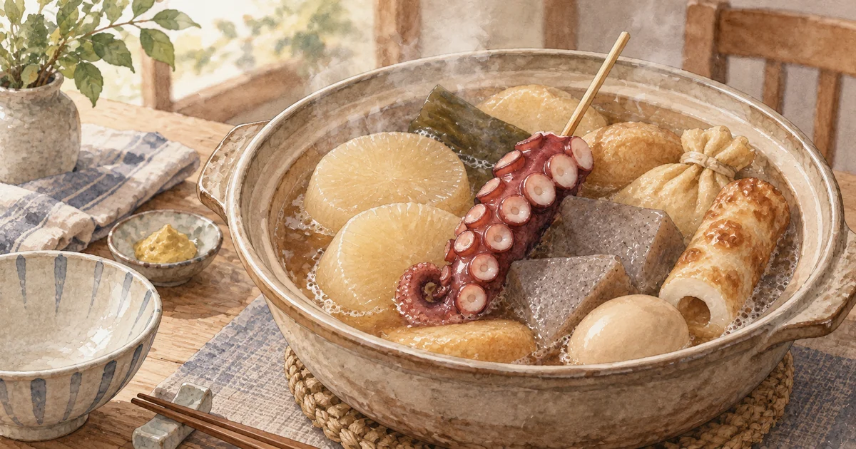 おでん鍋で大根や練り物と一緒に煮るたこ