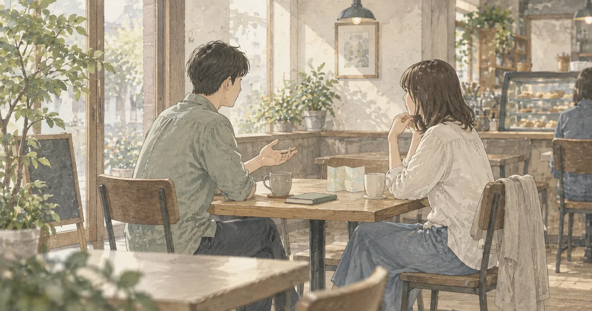 友人からのグループ旅行の誘いについて、カフェで返事を伝える様子