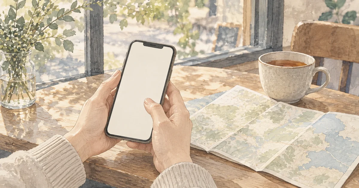 グループ旅行の誘いへの返事をスマートフォンで考える様子