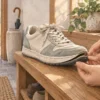 剥がれたスニーカーのつま先の靴底を手で確認する様子