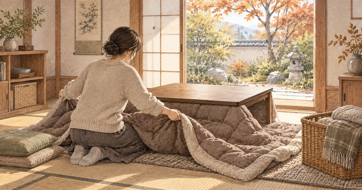 秋の居間でこたつ布団を整えて使い始めの準備をする様子