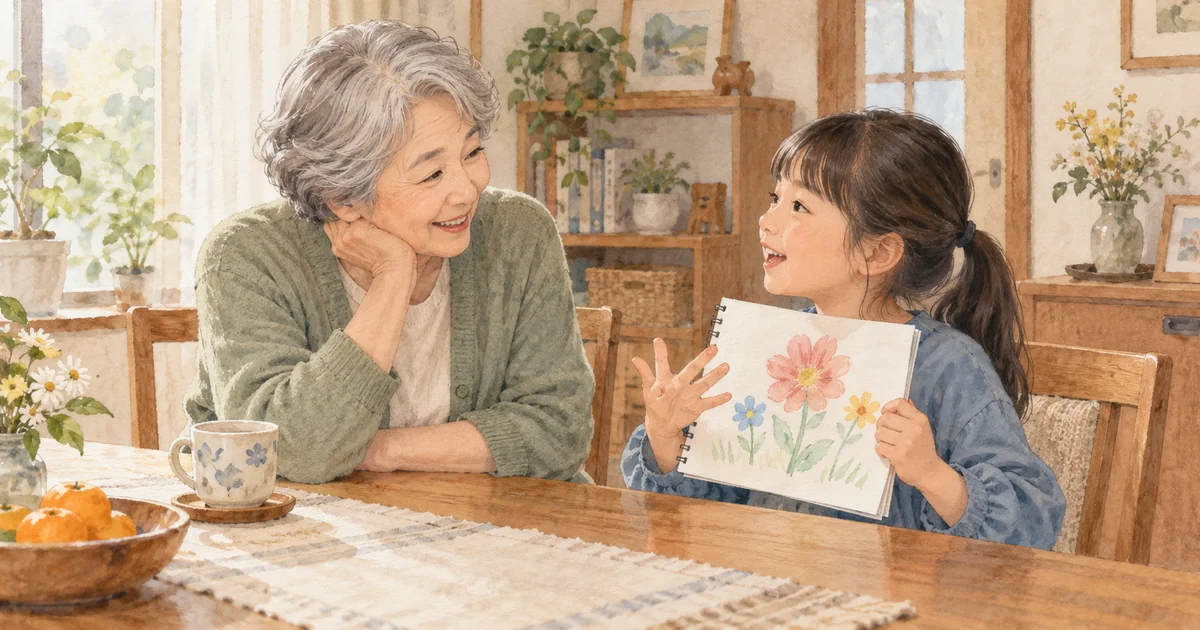 孫の好きなことを聞きながら成長を喜ぶ会話のイメージ