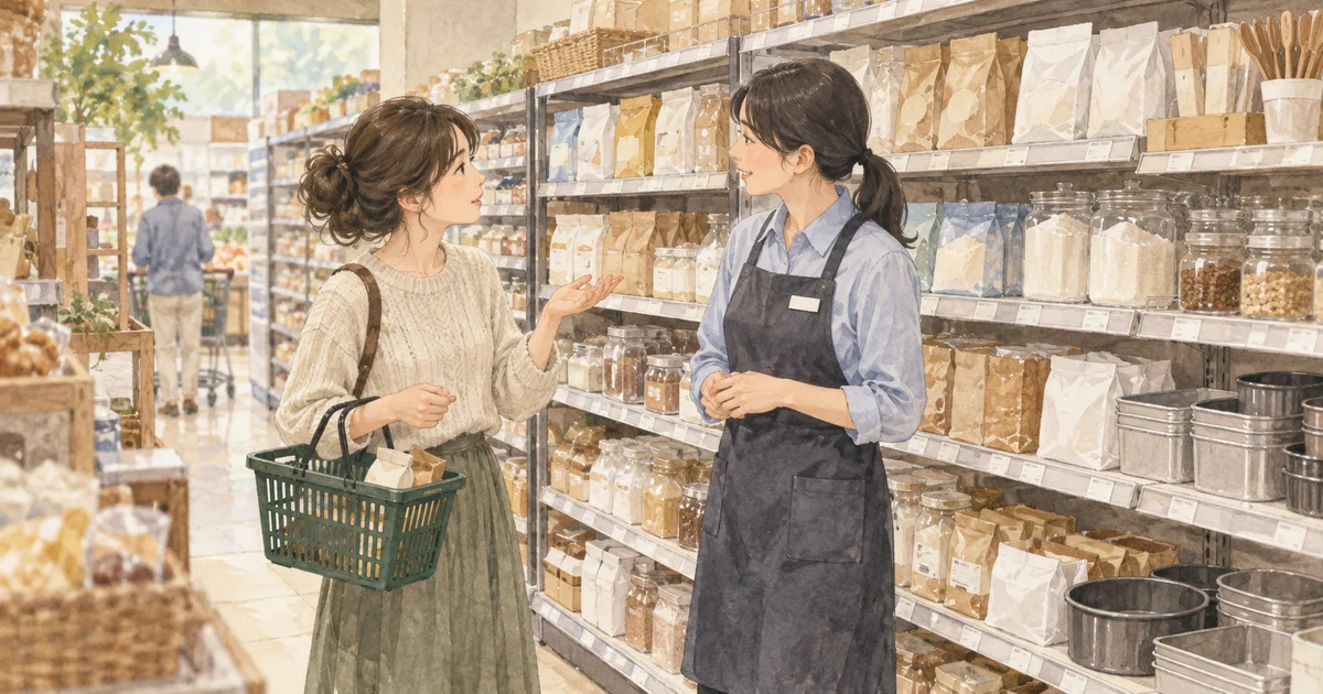 店員に製菓材料の取扱いを尋ねる場面