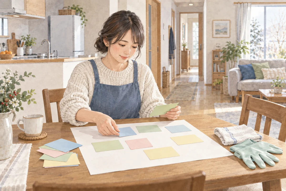 大掃除する場所を白紙のカードに分けて無理のない日程を考える様子