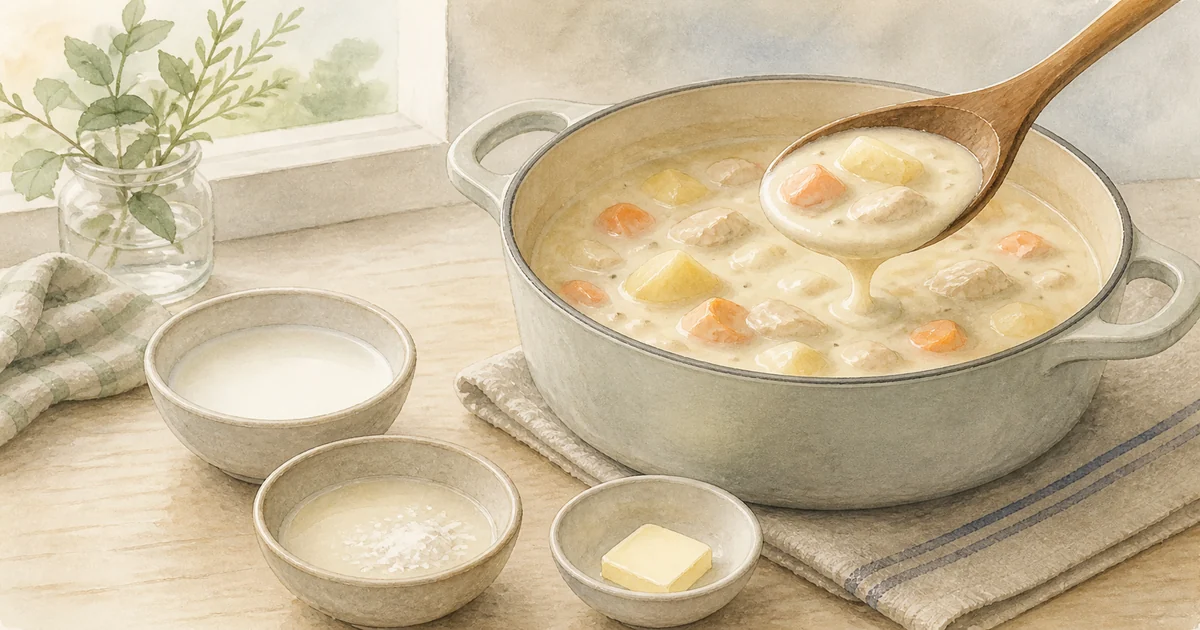 鍋のシチューととろみ・コクを補う材料のイラスト