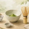 抹茶茶碗・茶こし・茶筅などの道具を並べたイラスト