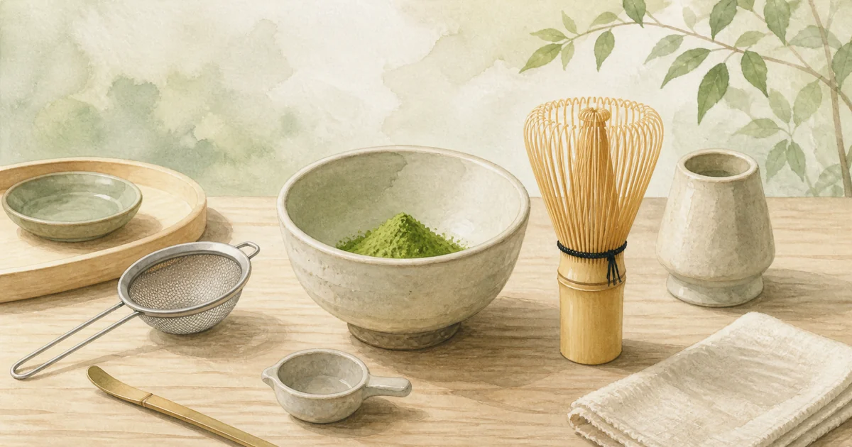 抹茶茶碗・茶こし・茶筅などの道具を並べたイラスト
