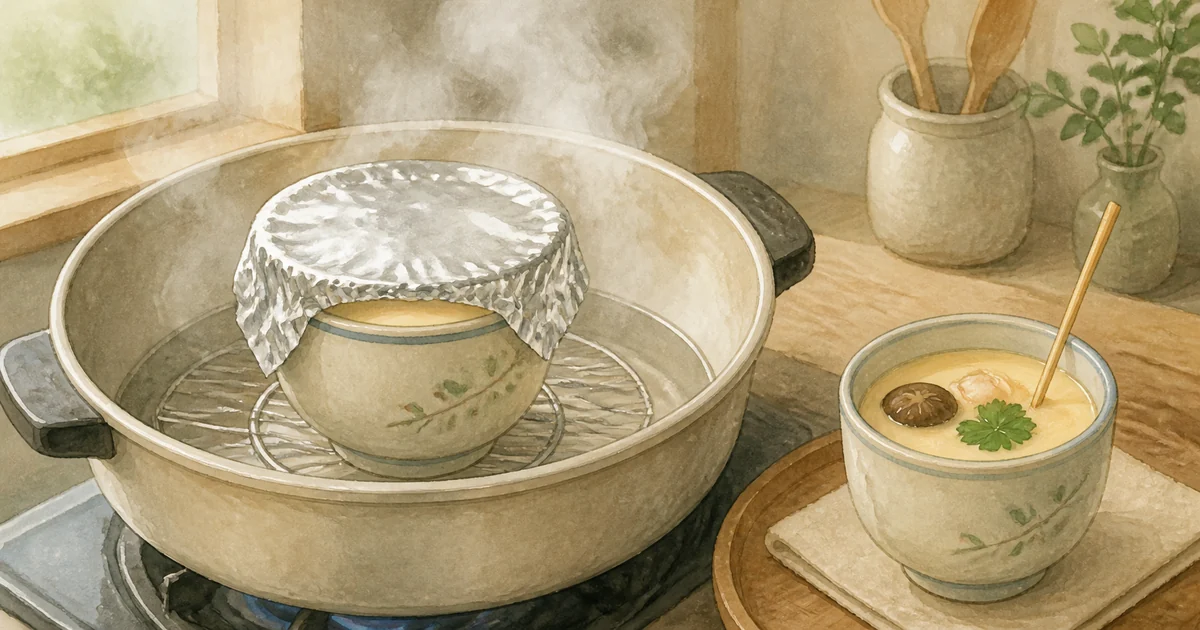 鍋で茶碗蒸しを弱火で蒸し直すイラスト