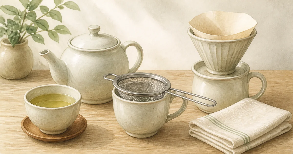 茶こしの代わりになる細目ざるやコーヒーフィルターのイラスト