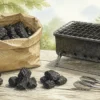 袋入りの炭とバーベキューコンロを並べたイラスト