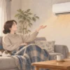 暖房中の部屋でエアコンの温風を確かめる様子