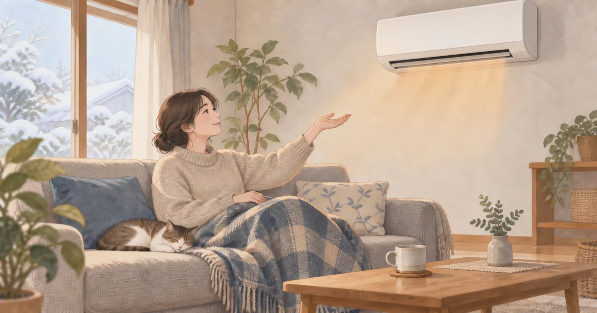 暖房中の部屋でエアコンの温風を確かめる様子