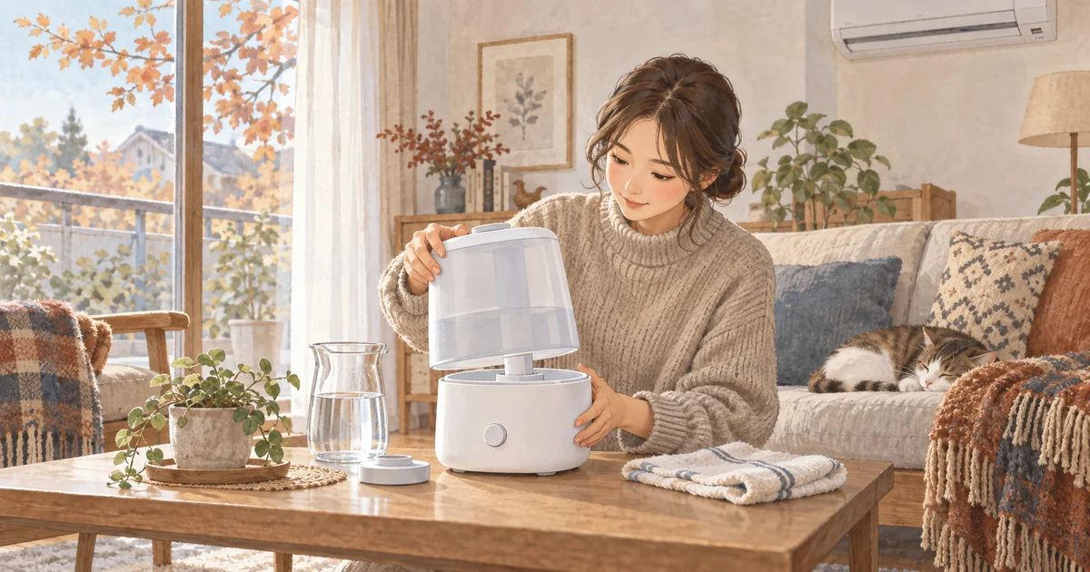 秋の終わりに加湿器を点検して使い始める準備をする様子
