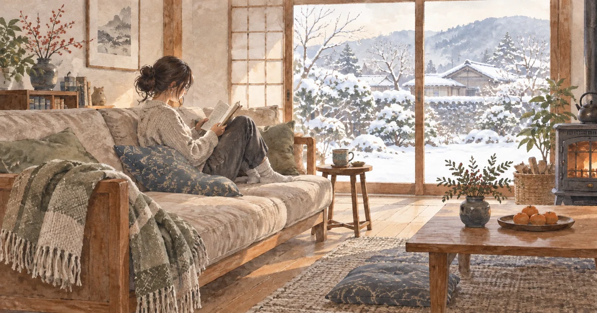 一人で読書をして過ごす冬の部屋