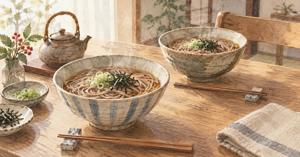 家庭の食卓に用意した温かい年越しそば
