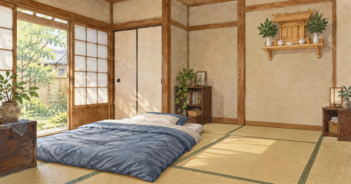神棚と寝具の位置を分けて整えた和室のイメージ