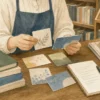 本と複数の図書カードを整理する様子
