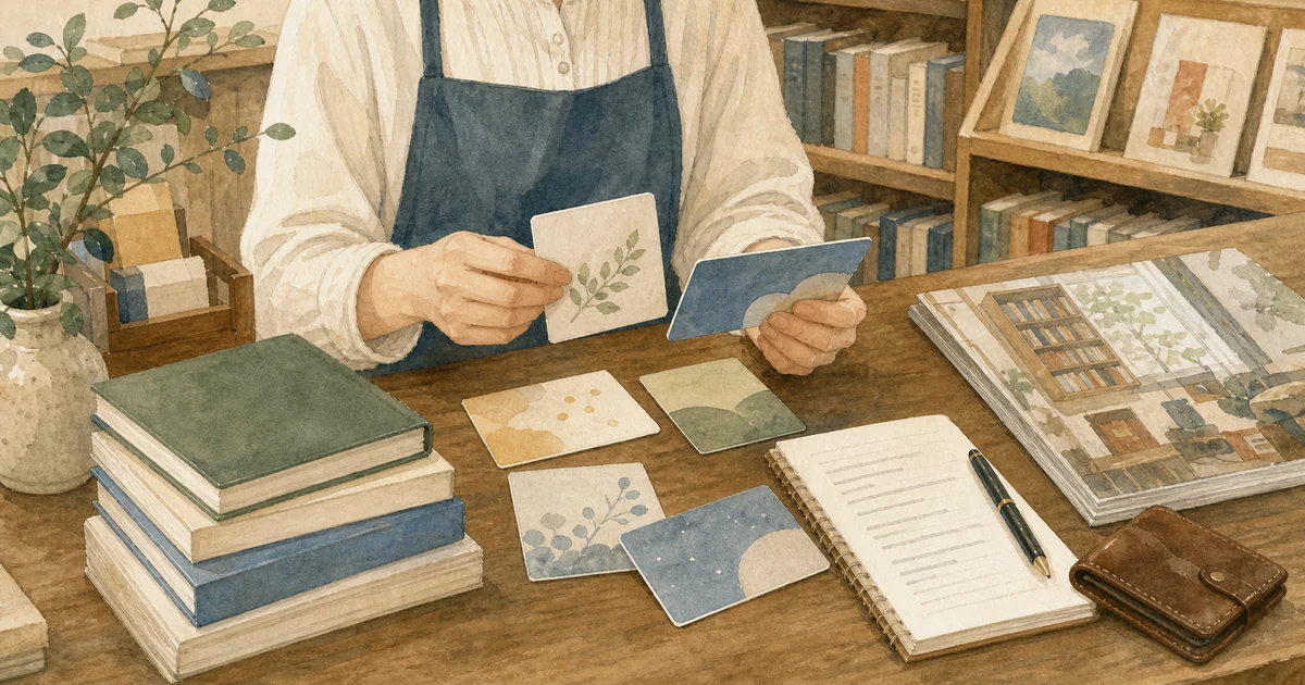 本と複数の図書カードを整理する様子