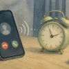 通話中のスマートフォンとアラーム時計