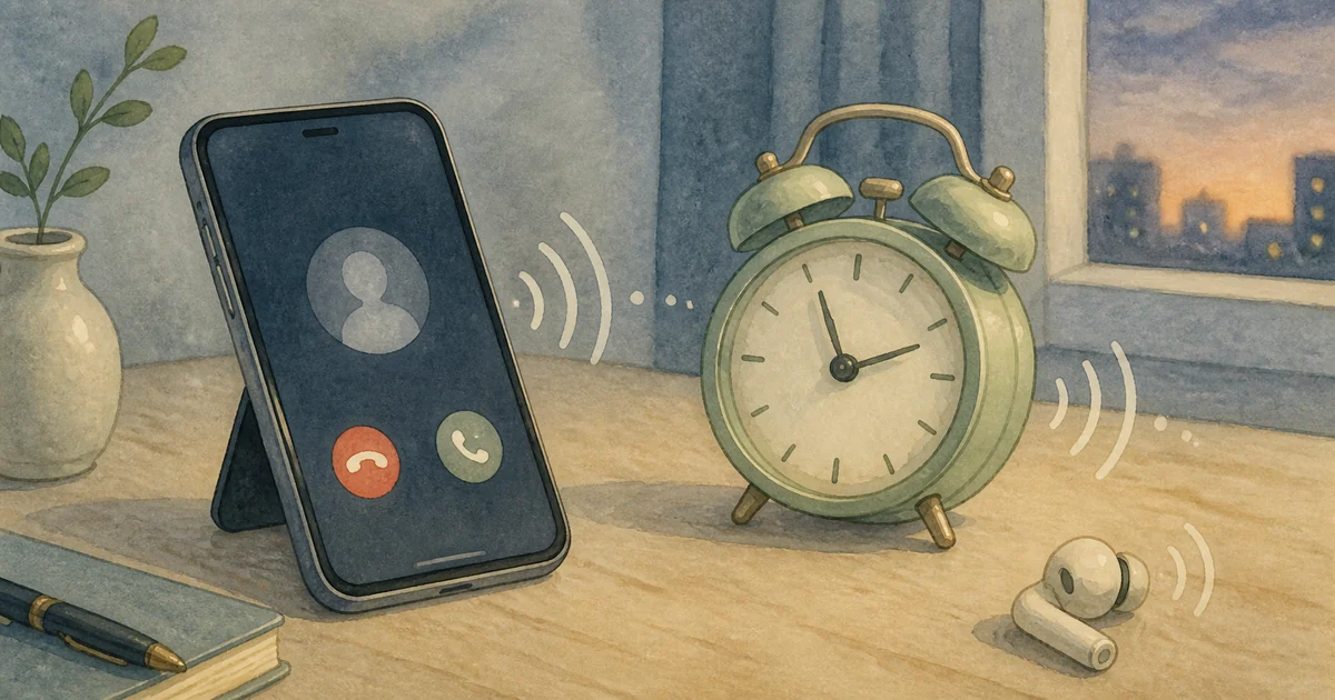 通話中のスマートフォンとアラーム時計