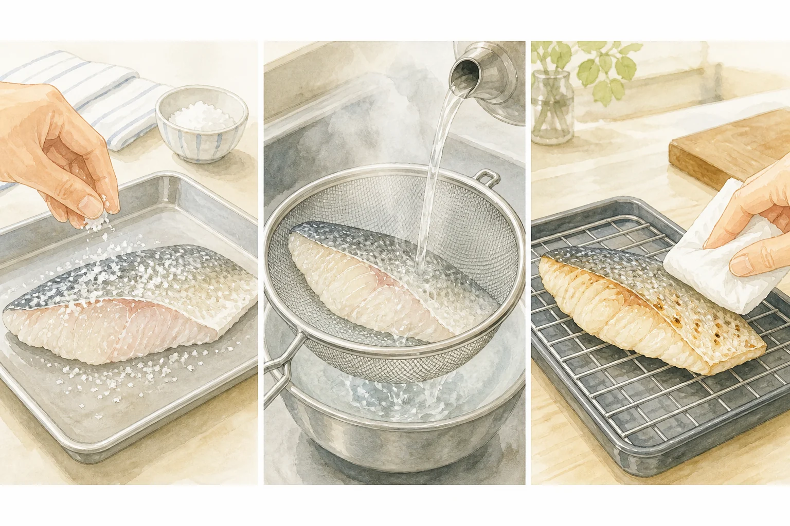 魚へ塩を振り、熱湯をかけ、水気を拭いて焼く下処理手順