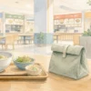 フードコートの食事と持参したランチバッグのイラスト