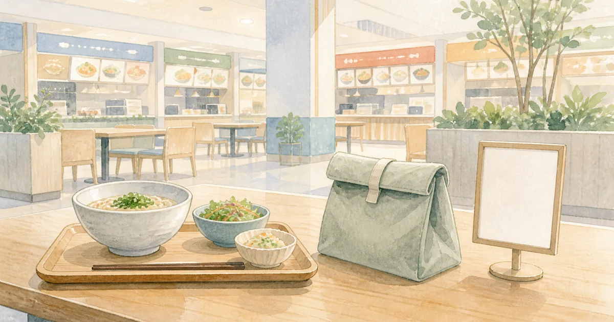 フードコートの食事と持参したランチバッグのイラスト