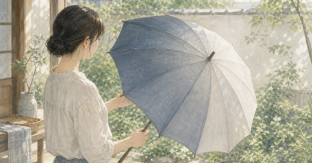 色あせた日傘を確認する女性のイメージイラスト