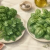 葉の形が異なるパセリとバジルの比較