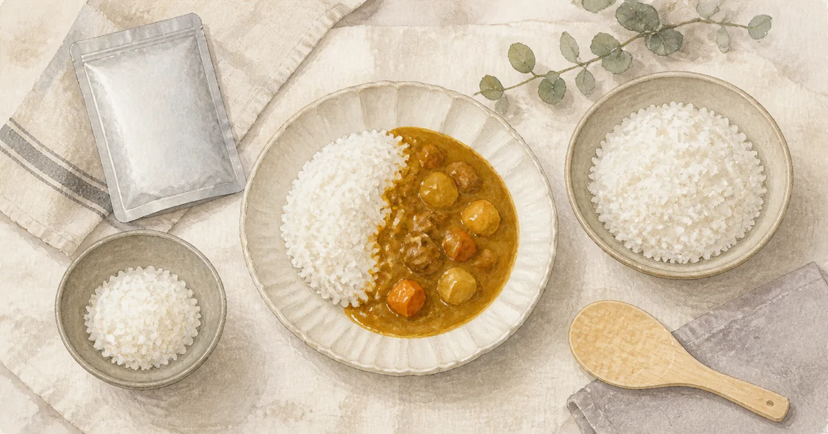 レトルトカレーと量の異なるご飯を並べたイメージイラスト