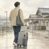 雨の駅へスーツケースを引いて向かう旅行者と折りたたみ傘のイラスト