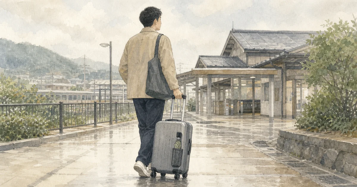 雨の駅へスーツケースを引いて向かう旅行者と折りたたみ傘のイラスト